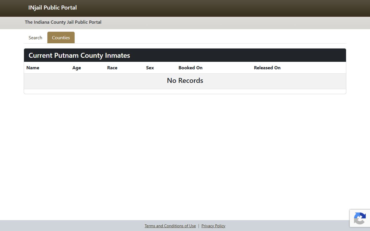 Putnam County Jail roster results page for current inmate records