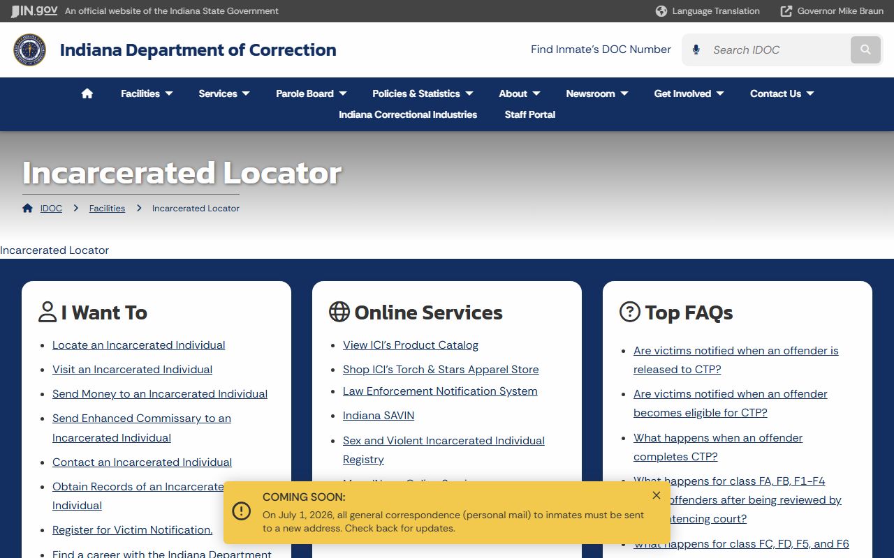 Putnamville Correctional Facility IDOC inmate locator page